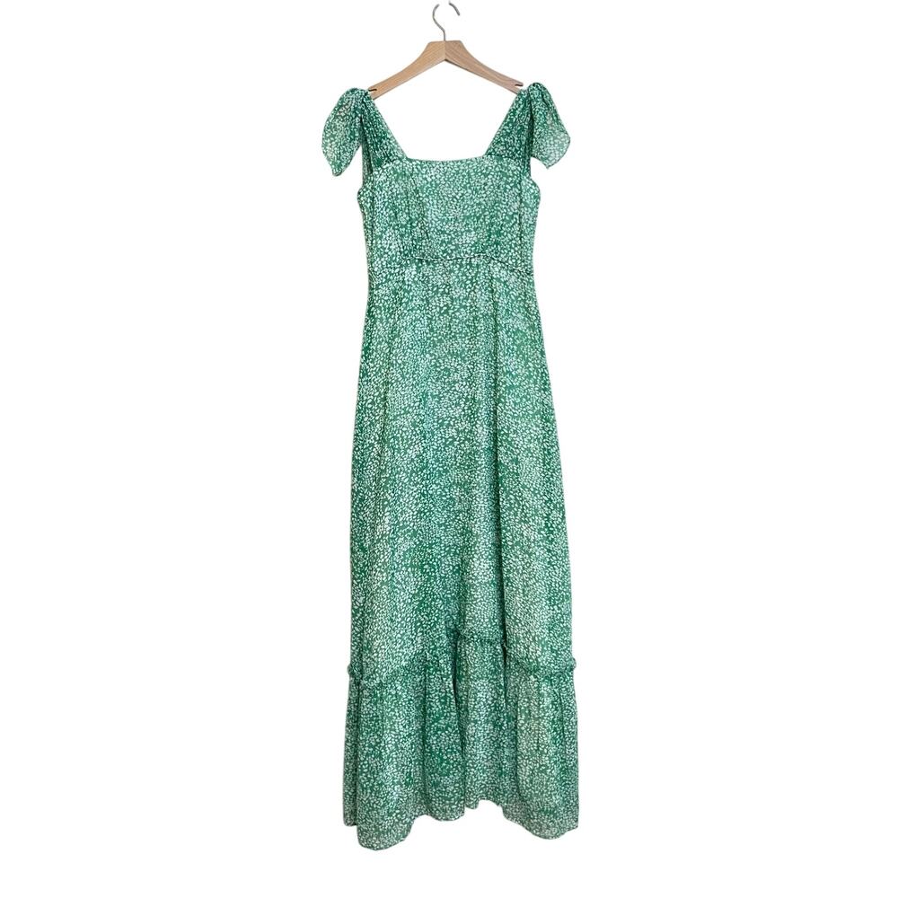 Vintage 60s 70s Green White Floral Tie Shoulder Empire Waist Summer Maxi Dress